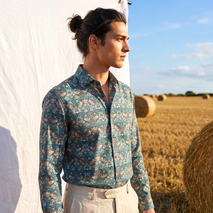 Liberty London Long-sleeved Button-up Shirt, Personalised Menswear, Tailoring Chemise, Sustainable Cotton Clothing, Botanical Design