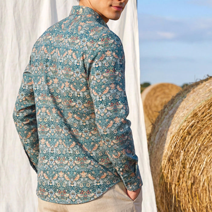 Liberty London Long-sleeved Button-up Shirt, Personalised Menswear, Tailoring Chemise, Sustainable Cotton Clothing, Botanical Design