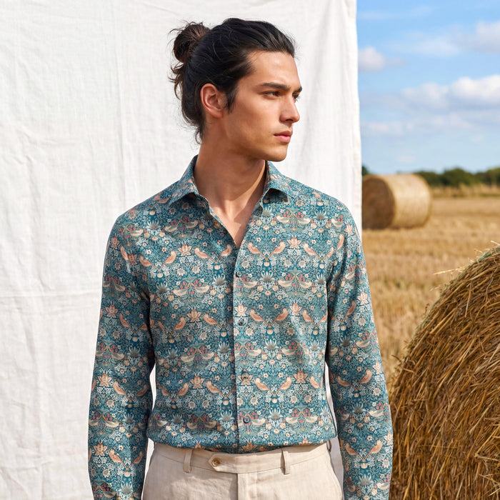 Liberty London Long-sleeved Button-up Shirt, Personalised Menswear, Tailoring Chemise, Sustainable Cotton Clothing, Botanical Design
