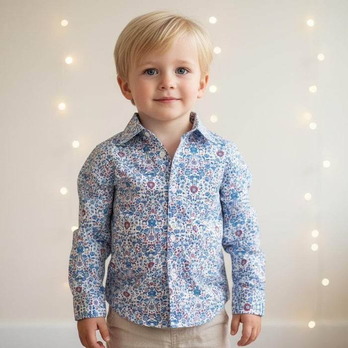 Liberty London Long Sleeves Button Up Shirt, Blue Animal Floral Print Chemise, Handmade Clothing