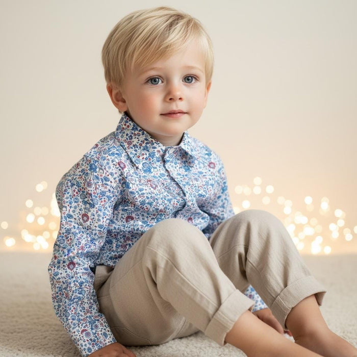 Liberty London Long Sleeves Button Up Shirt, Blue Animal Floral Print Chemise, Handmade Clothing