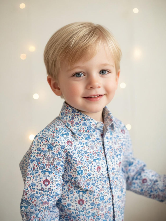 Liberty London Long Sleeves Button Up Shirt, Blue Animal Floral Print Chemise, Handmade Clothing