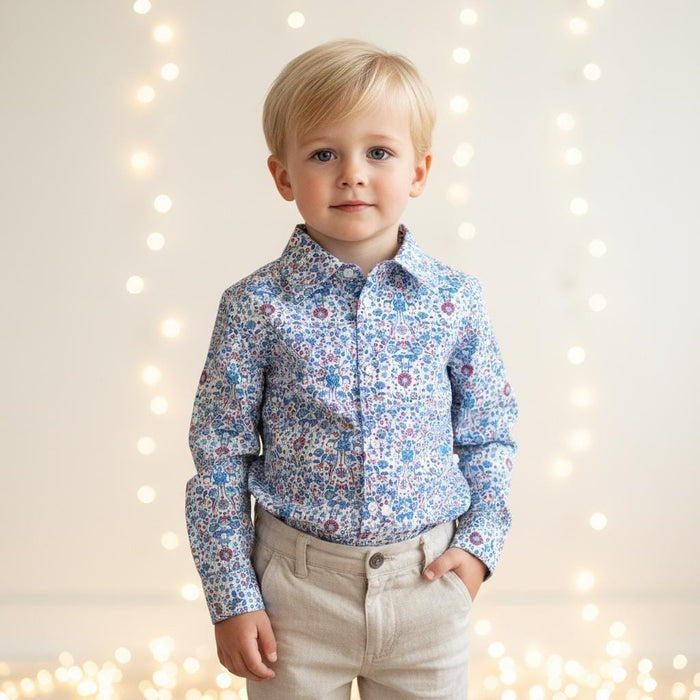 Liberty London Long Sleeves Button Up Shirt, Blue Animal Floral Print Chemise, Handmade Clothing