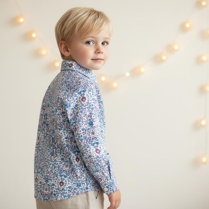 Liberty London Long Sleeves Button Up Shirt, Blue Animal Floral Print Chemise, Handmade Clothing