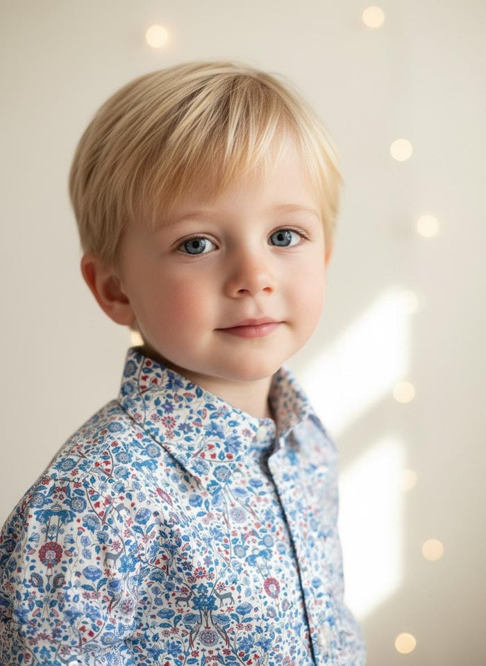 Liberty London Long Sleeves Button Up Shirt, Blue Animal Floral Print Chemise, Handmade Clothing