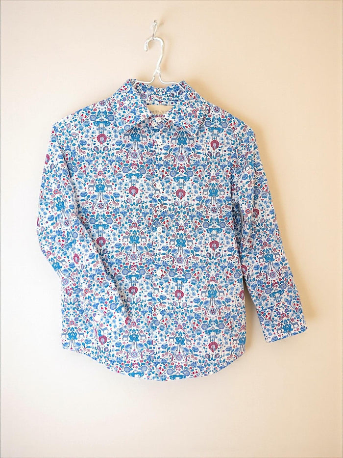 Liberty London Long Sleeves Button Up Shirt, Blue Animal Floral Print Chemise, Handmade Clothing