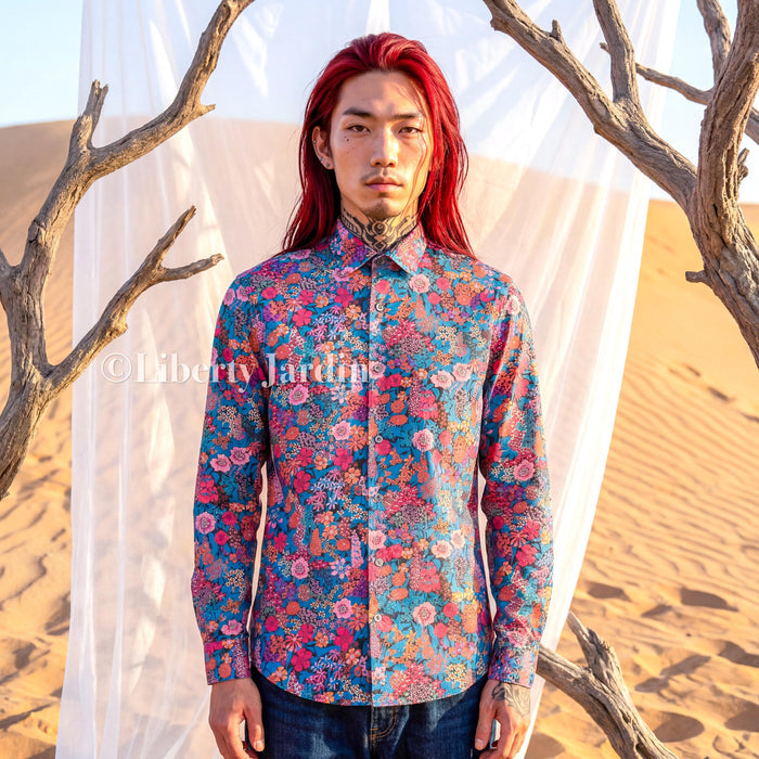 Liberty London Long Sleeves Men Shirt, Handmade Botanical Chemise, Personalised Tailoring Clothing, Classic Minimalist Button Up Dress Top