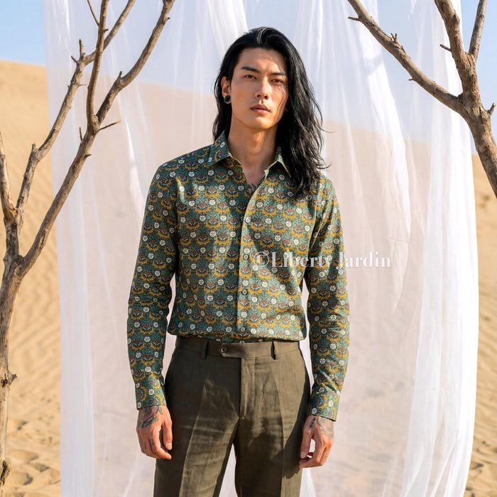 Liberty London Long Sleeves Men Shirt, Handmade Botanical Chemise, Personalised Tailoring Clothing, Classic Minimalist Button Up Dress Top