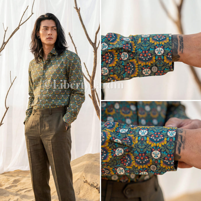 Liberty London Long Sleeves Men Shirt, Handmade Botanical Chemise, Personalised Tailoring Clothing, Classic Minimalist Button Up Dress Top