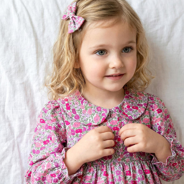 Liberty London Long Sleeves Peter Pan Collar Bubble Romper, Cotton Ditsy Floral Print Playsuit