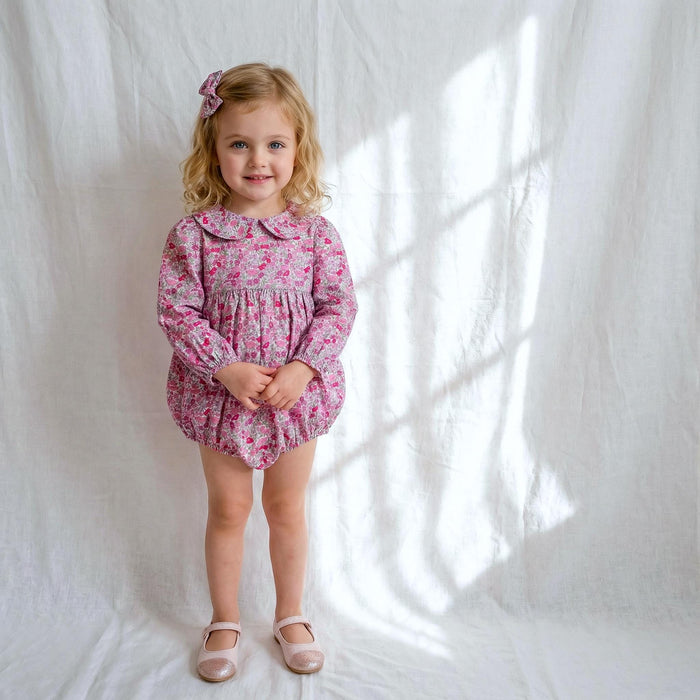 Liberty London Long Sleeves Peter Pan Collar Bubble Romper, Cotton Ditsy Floral Print Playsuit