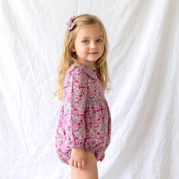 Liberty London Long Sleeves Peter Pan Collar Bubble Romper, Cotton Ditsy Floral Print Playsuit
