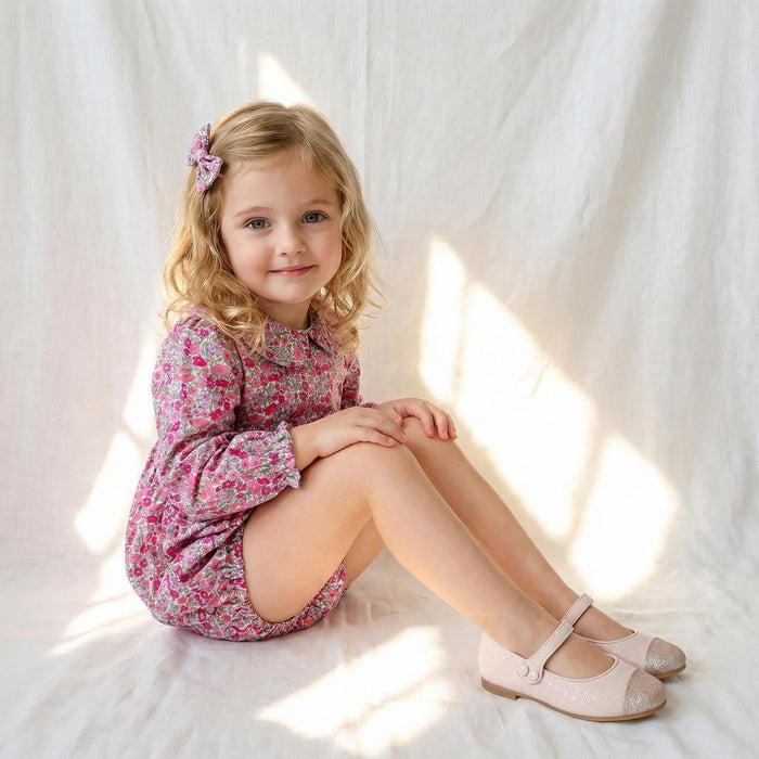 Liberty London Long Sleeves Peter Pan Collar Bubble Romper, Cotton Ditsy Floral Print Playsuit