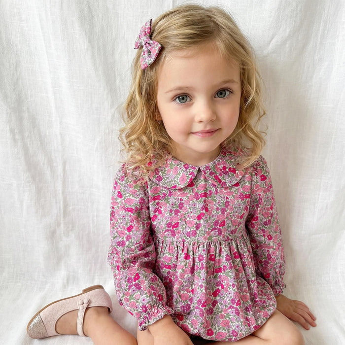 Liberty London Long Sleeves Peter Pan Collar Bubble Romper, Cotton Ditsy Floral Print Playsuit