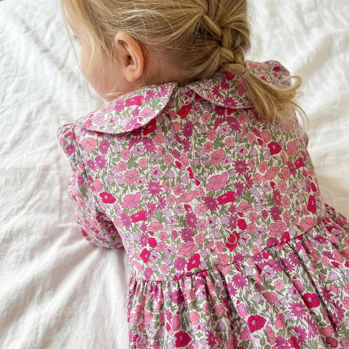 Liberty London Long Sleeves Peter Pan Collar Bubble Romper, Cotton Ditsy Floral Print Playsuit