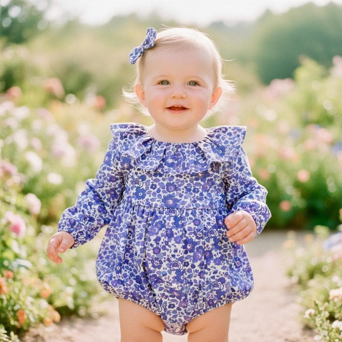 Liberty London Long Sleeves Pierrot Collar Bubble Playsuit, Blue Purple Handmade Floral Print Clothing
