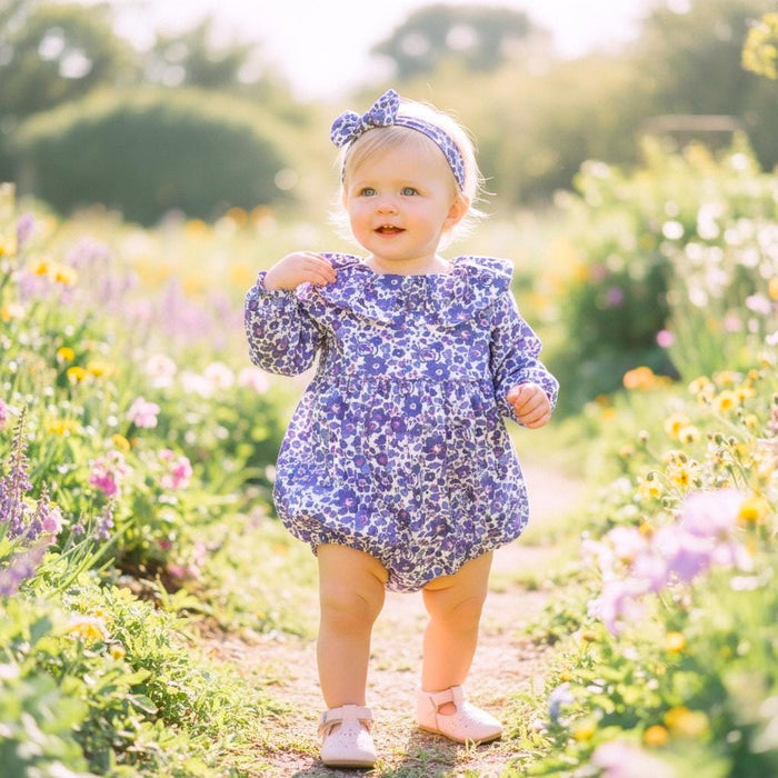 Liberty London Long Sleeves Pierrot Collar Bubble Playsuit, Blue Purple Handmade Floral Print Clothing