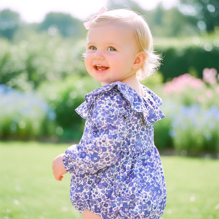 Liberty London Long Sleeves Pierrot Collar Bubble Playsuit, Blue Purple Handmade Floral Print Clothing
