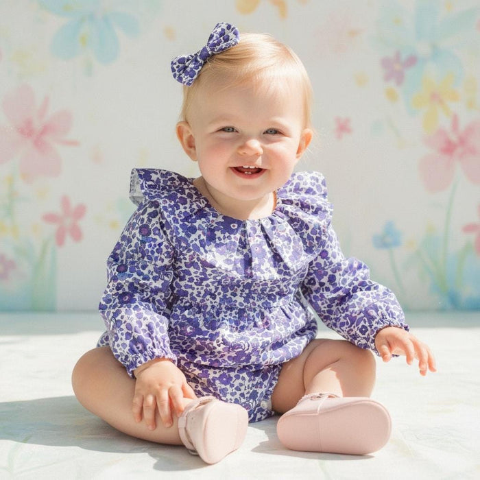Liberty London Long Sleeves Pierrot Collar Bubble Playsuit, Blue Purple Handmade Floral Print Clothing