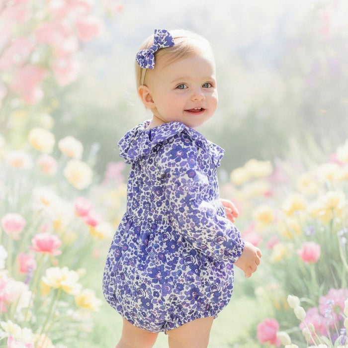 Liberty London Long Sleeves Pierrot Collar Bubble Playsuit, Blue Purple Handmade Floral Print Clothing