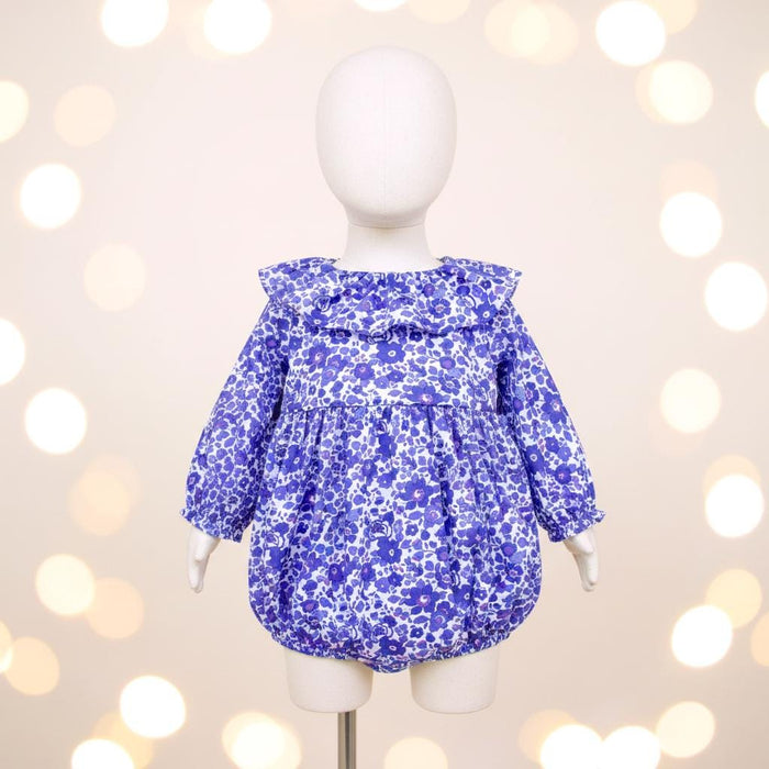 Liberty London Long Sleeves Pierrot Collar Bubble Playsuit, Blue Purple Handmade Floral Print Clothing