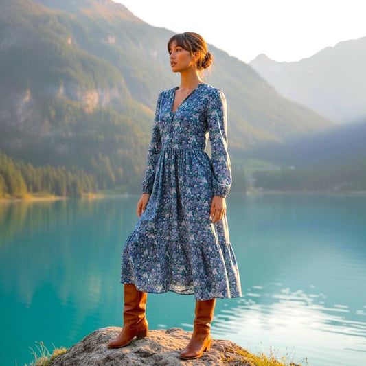 May include: A long-sleeved blue floral dress with a V-neck and a tiered skirt. The dress is paired with brown leather boots. The background features a lake and mountains.