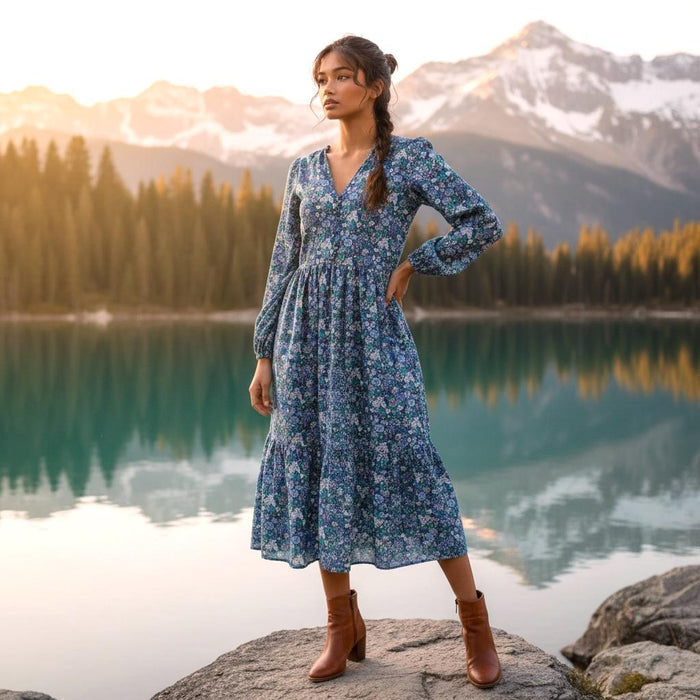 Liberty London Long Sleeves V-Neck Boho Dress, Handmade Botanical Sustainable Clothing, Personalised Cotton Womenswear