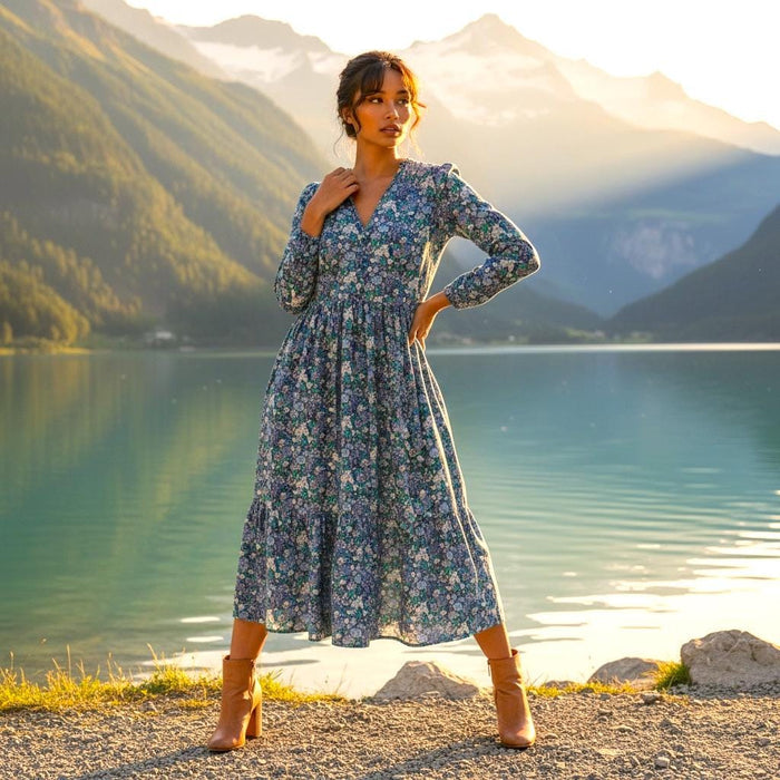 Liberty London Long Sleeves V-Neck Boho Dress, Handmade Botanical Sustainable Clothing, Personalised Cotton Womenswear