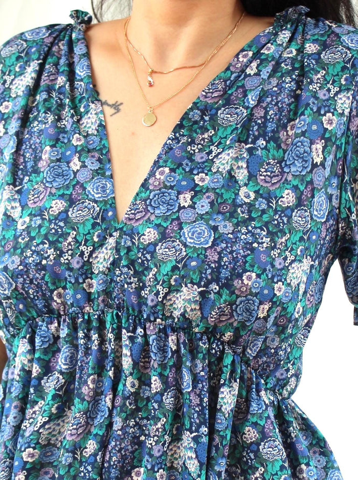 Liberty London Long Sleeves V-Neck Boho Dress, Handmade Botanical Sustainable Clothing, Personalised Cotton Womenswear