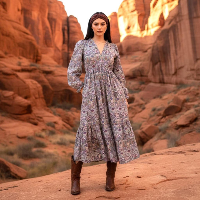 Liberty London Long Sleeves V-Neck Boho Dress, Handmade Botanical Sustainable Clothing, Personalised Cotton Womenswear