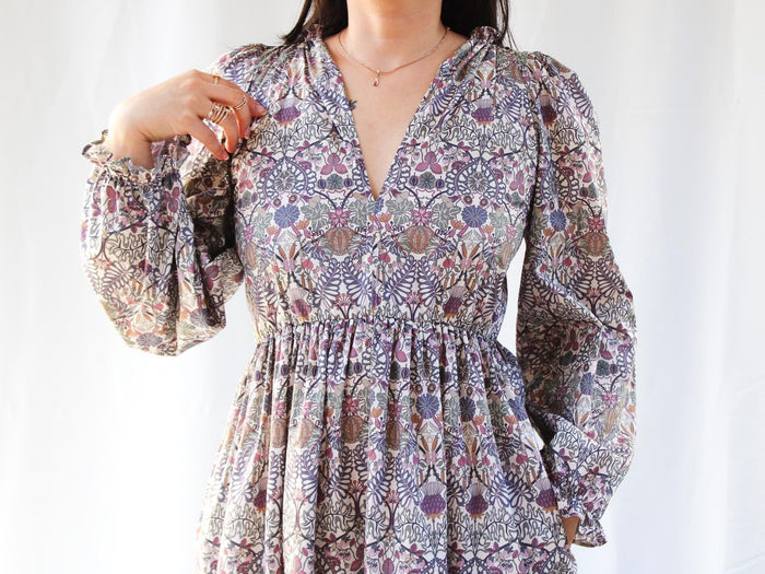 Liberty London Long Sleeves V-Neck Boho Dress, Handmade Botanical Sustainable Clothing, Personalised Cotton Womenswear