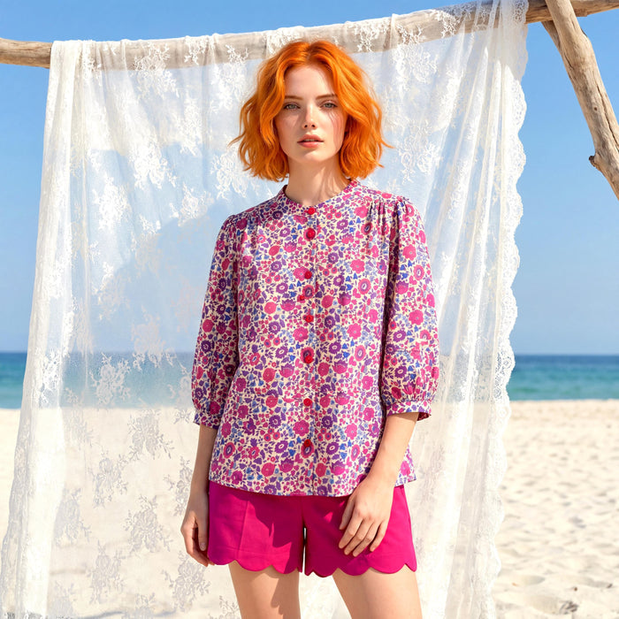 Liberty London Mandarin Collar Blouse, Bishop Three-quarter Sleeves Shirt, Handmade Womenswear, Sustainable Cotton Clothing