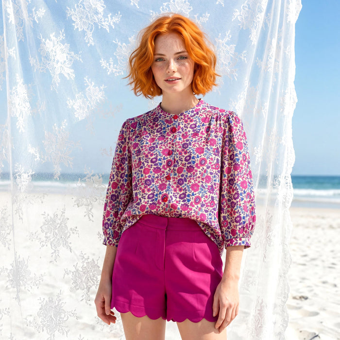 Liberty London Mandarin Collar Blouse, Bishop Three-quarter Sleeves Shirt, Handmade Womenswear, Sustainable Cotton Clothing