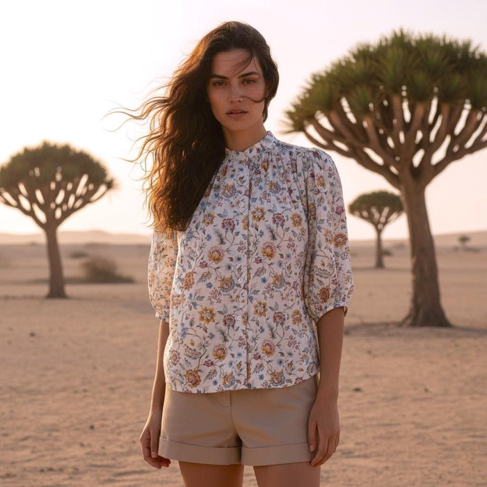 Liberty London Mandarin Collar Blouse, Bishop Three-quarter Sleeves Shirt, Handmade Womenswear, Sustainable Cotton Clothing