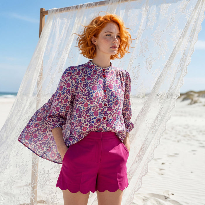 Liberty London Mandarin Collar Blouse, Bishop Three-quarter Sleeves Shirt, Handmade Womenswear, Sustainable Cotton Clothing