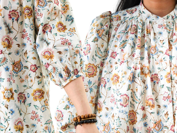 Liberty London Mandarin Collar Blouse, Bishop Three-quarter Sleeves Shirt, Handmade Womenswear, Sustainable Cotton Clothing