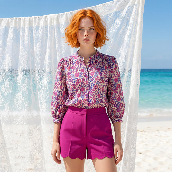 Liberty London Mandarin Collar Blouse, Bishop Three-quarter Sleeves Shirt, Handmade Womenswear, Sustainable Cotton Clothing