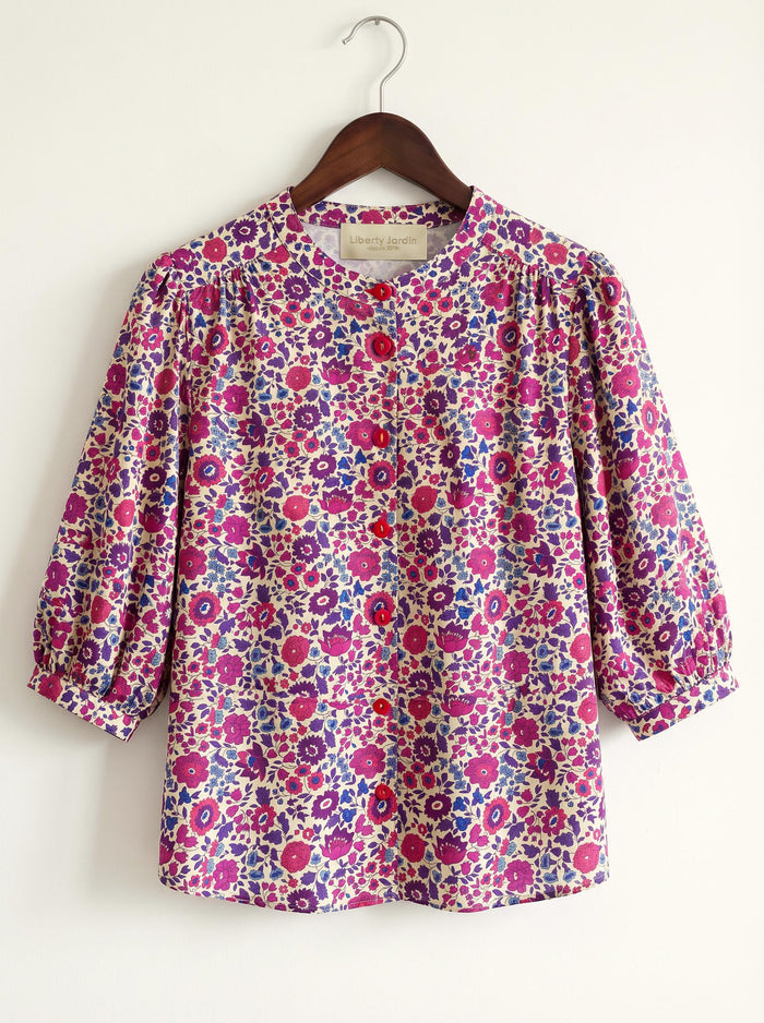 Liberty London Mandarin Collar Blouse, Bishop Three-quarter Sleeves Shirt, Handmade Womenswear, Sustainable Cotton Clothing
