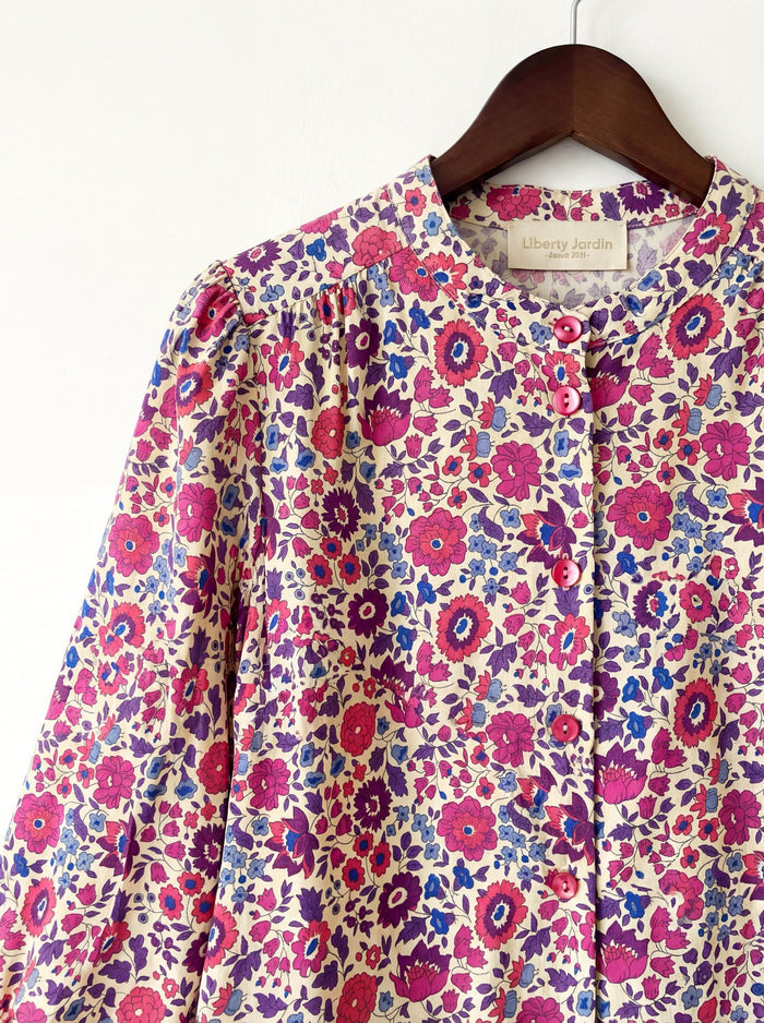 Liberty London Mandarin Collar Blouse, Bishop Three-quarter Sleeves Shirt, Handmade Womenswear, Sustainable Cotton Clothing