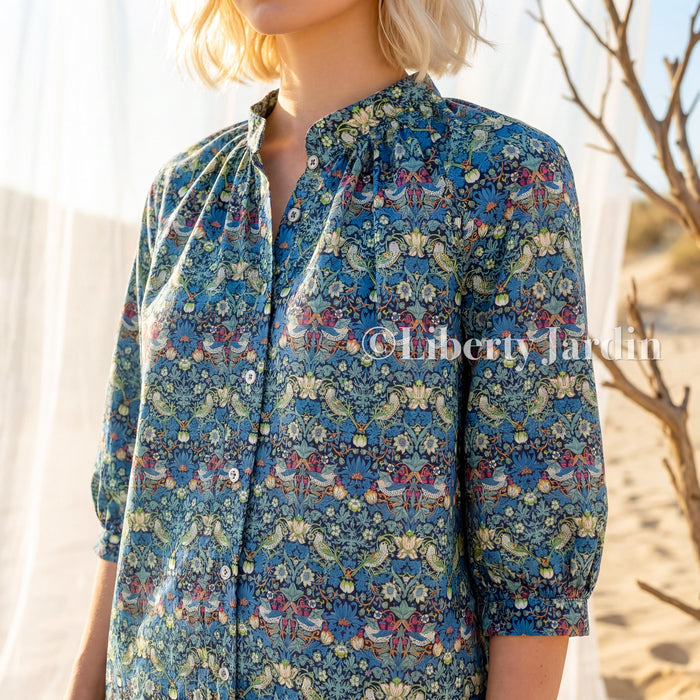 Liberty London Mandarin Collared Blouse, Bespoke Cotton Shirt, Botanical Print, 3/4 Sleeves