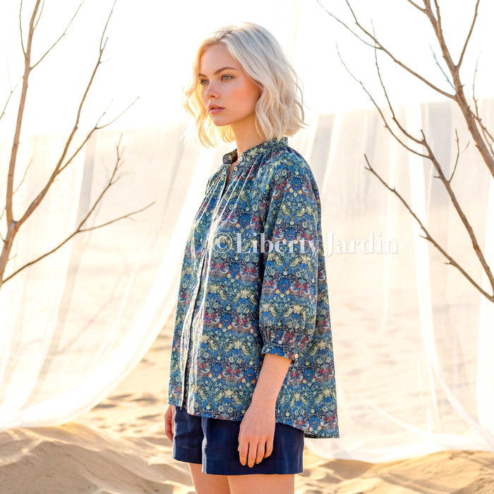 Liberty London Mandarin Collared Blouse, Bespoke Cotton Shirt, Botanical Print, 3/4 Sleeves