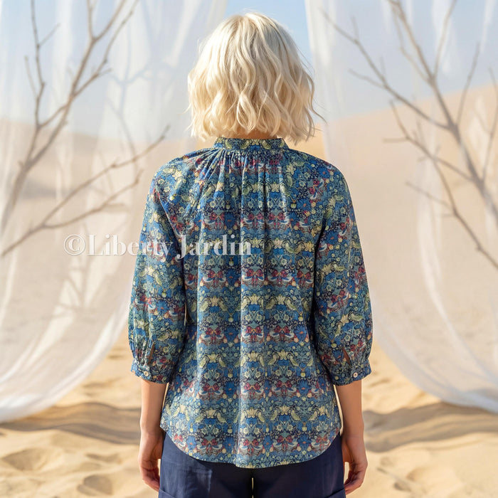 Liberty London Mandarin Collared Blouse, Bespoke Cotton Shirt, Botanical Print, 3/4 Sleeves