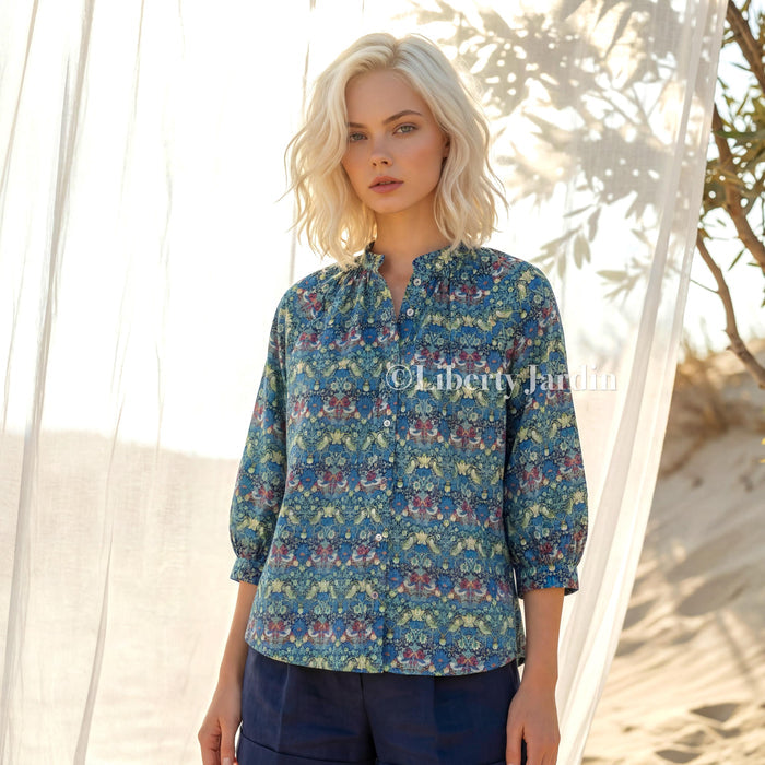 Liberty London Mandarin Collared Blouse, Bespoke Cotton Shirt, Botanical Print, 3/4 Sleeves