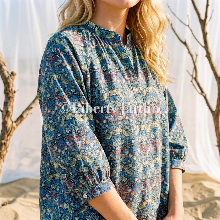 Liberty London Mandarin Collared Blouse, Bespoke Cotton Shirt, Botanical Print, 3/4 Sleeves