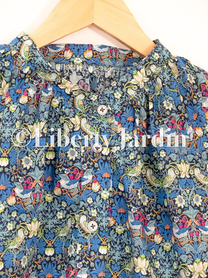 Liberty London Mandarin Collared Blouse, Bespoke Cotton Shirt, Botanical Print, 3/4 Sleeves