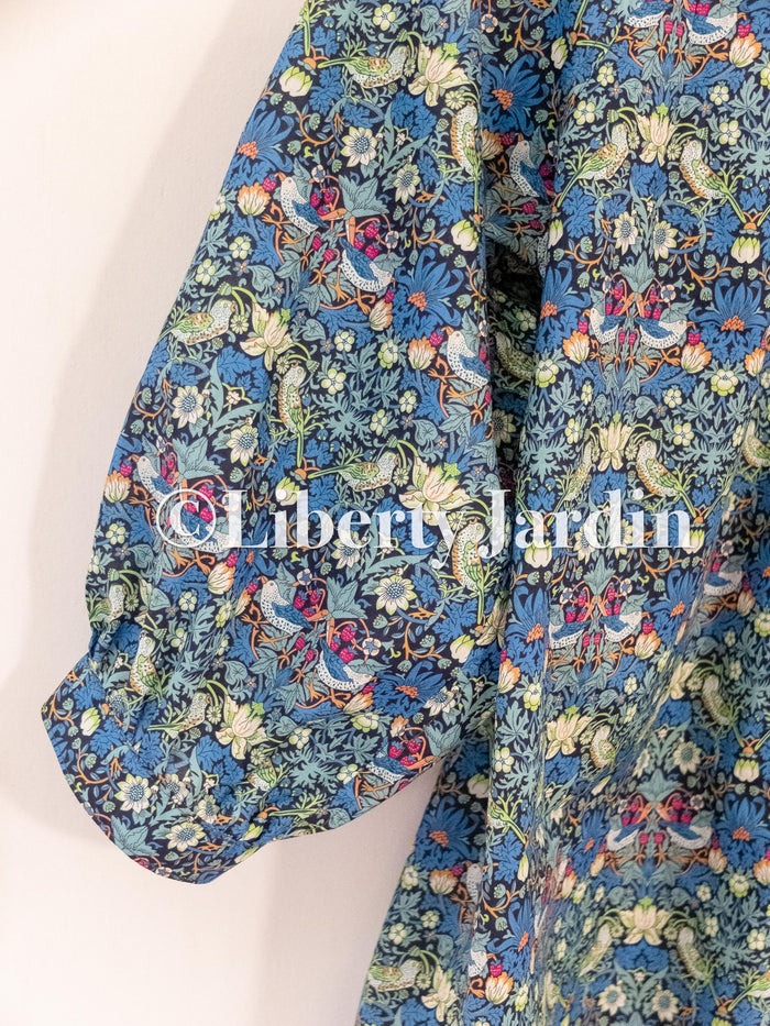 Liberty London Mandarin Collared Blouse, Bespoke Cotton Shirt, Botanical Print, 3/4 Sleeves