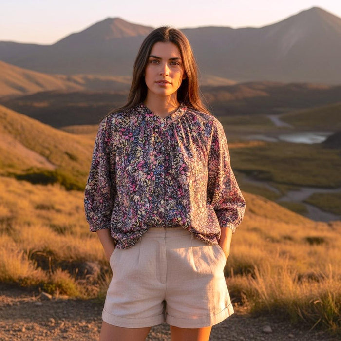 Liberty London Mandarin Collared Blouse, Bespoke Raglan 3/4 Sleeves Top, Handmade Botanical Shirt, Sustainable Personalised Cotton Clothing
