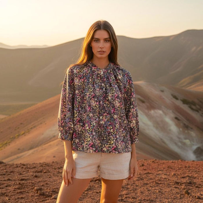 Liberty London Mandarin Collared Blouse, Bespoke Raglan 3/4 Sleeves Top, Handmade Botanical Shirt, Sustainable Personalised Cotton Clothing