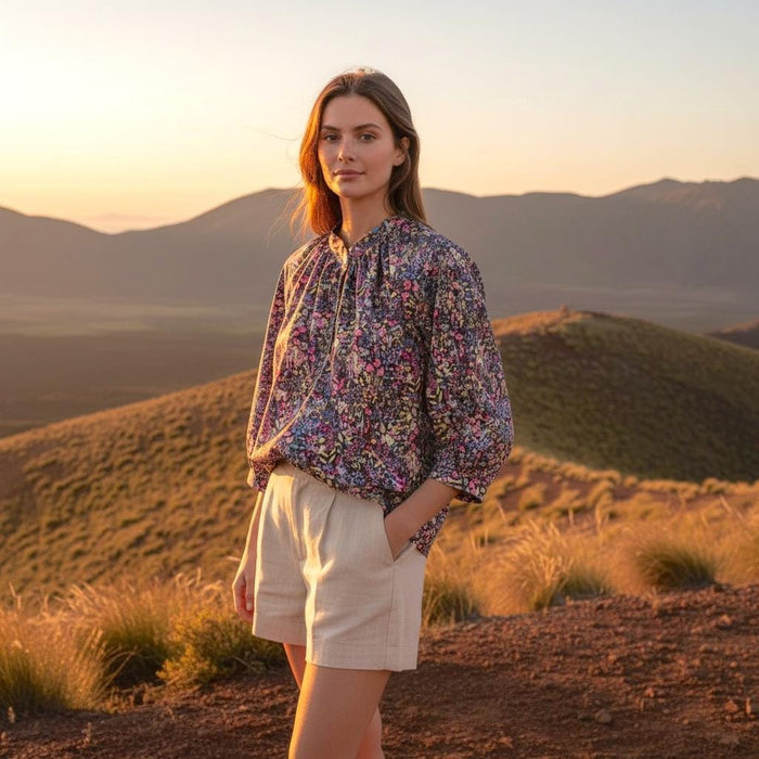 Liberty London Mandarin Collared Blouse, Bespoke Raglan 3/4 Sleeves Top, Handmade Botanical Shirt, Sustainable Personalised Cotton Clothing