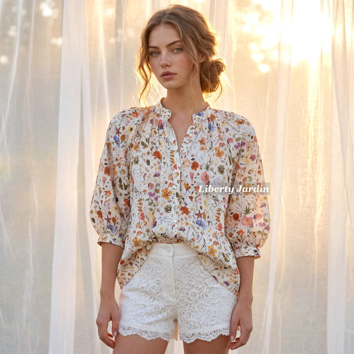 Liberty London Mandarin Collared Blouse, Bespoke Raglan 3/4 Sleeves Top, Handmade Botanical Shirt, Sustainable Personalised Cotton Clothing